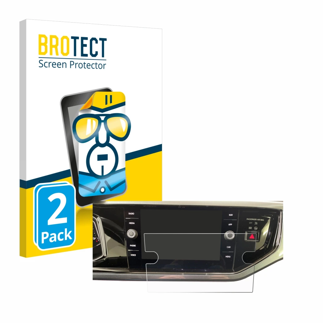 Parte frontal de un envase de producto con el logotipo de la marca BROTECT. Al lado se muestra el dispositivo Volkswagen Polo 