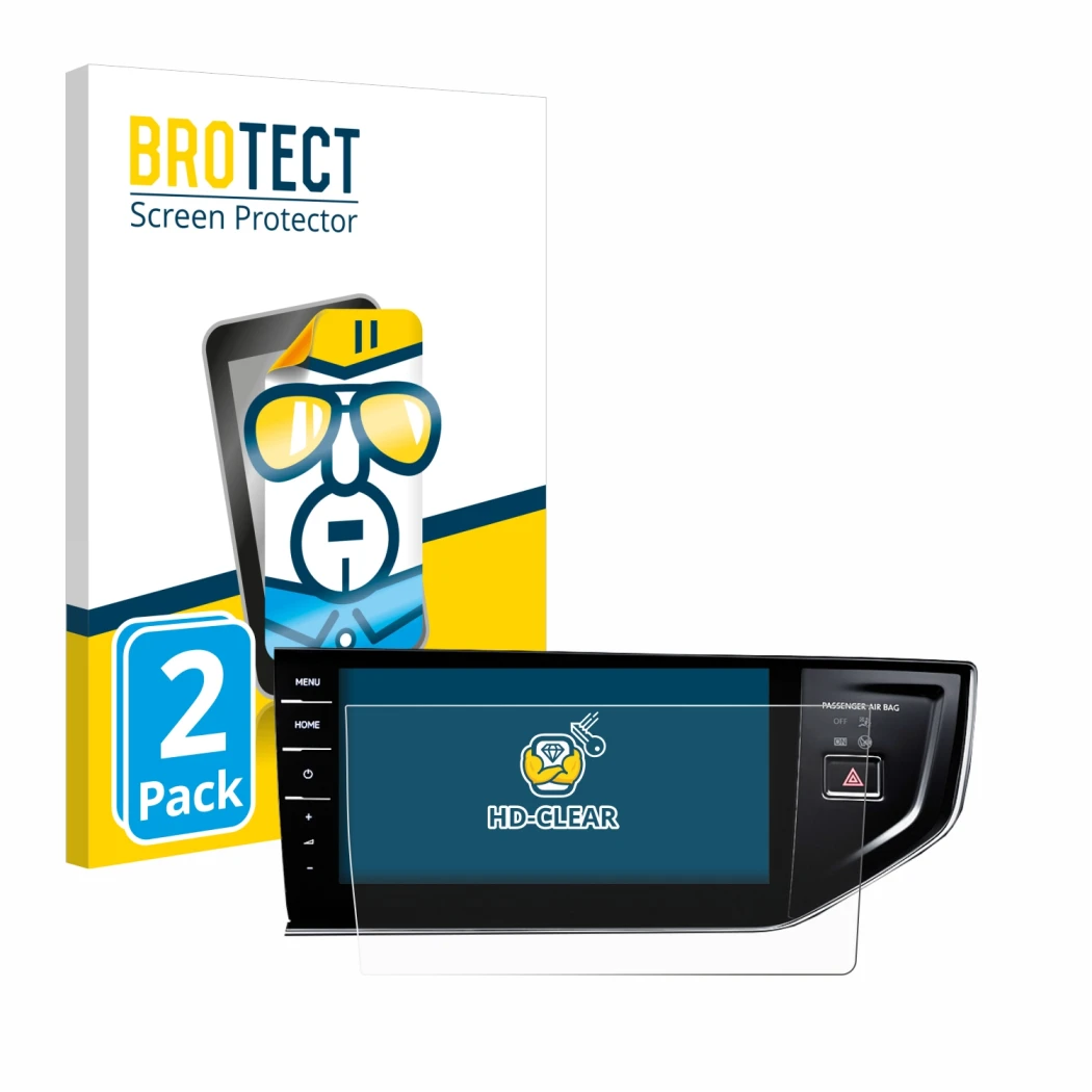 Parte frontal de un envase de producto con el logotipo de la marca BROTECT. Al lado se muestra el dispositivo Volkswagen Polo 