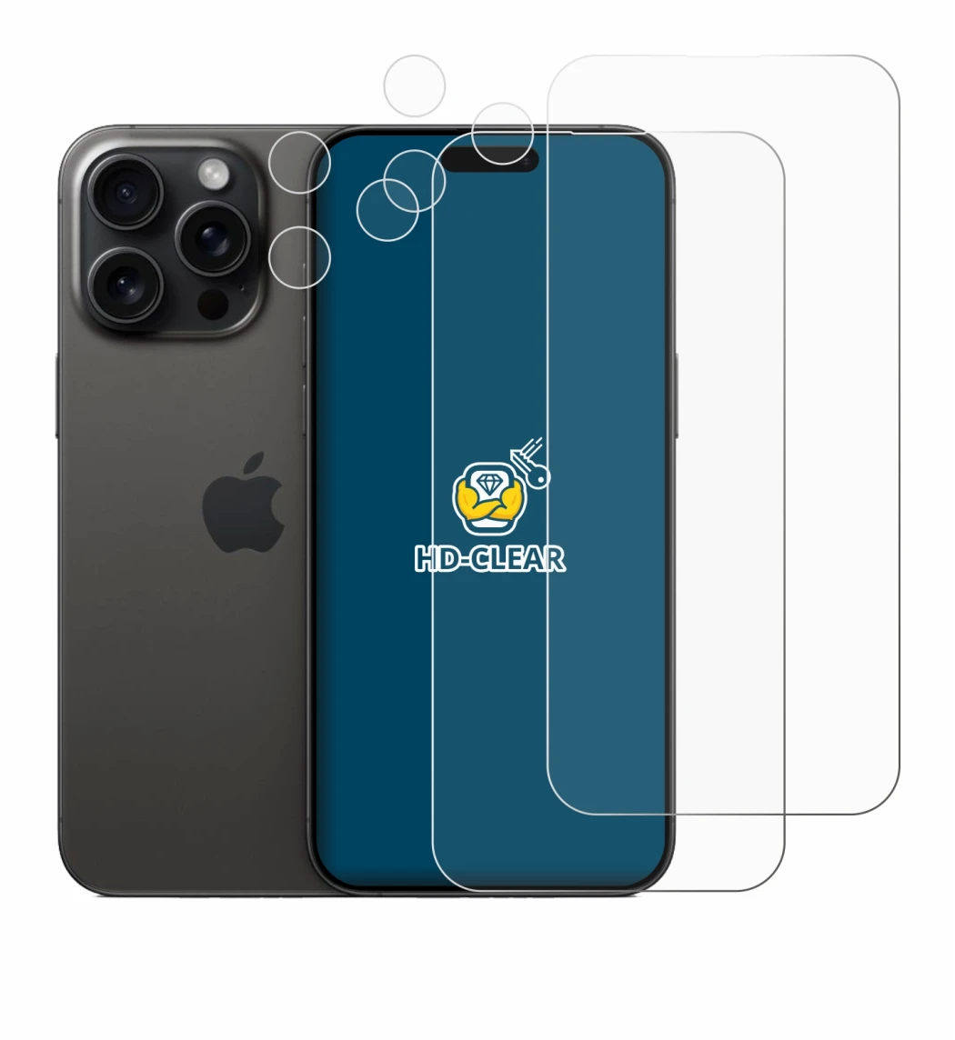 Imagen del dispositivo Apple iPhone 15 Pro Max (Frontal+Cámara) con una amplia variedad de protectores de pantalla.
