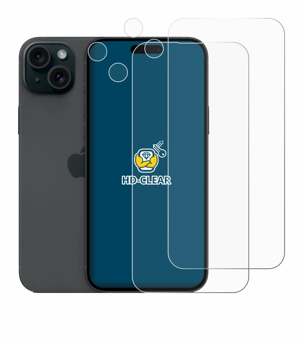 Imagen del dispositivo Apple iPhone 15 Plus (Frontal+Cámara) con una amplia variedad de protectores de pantalla.