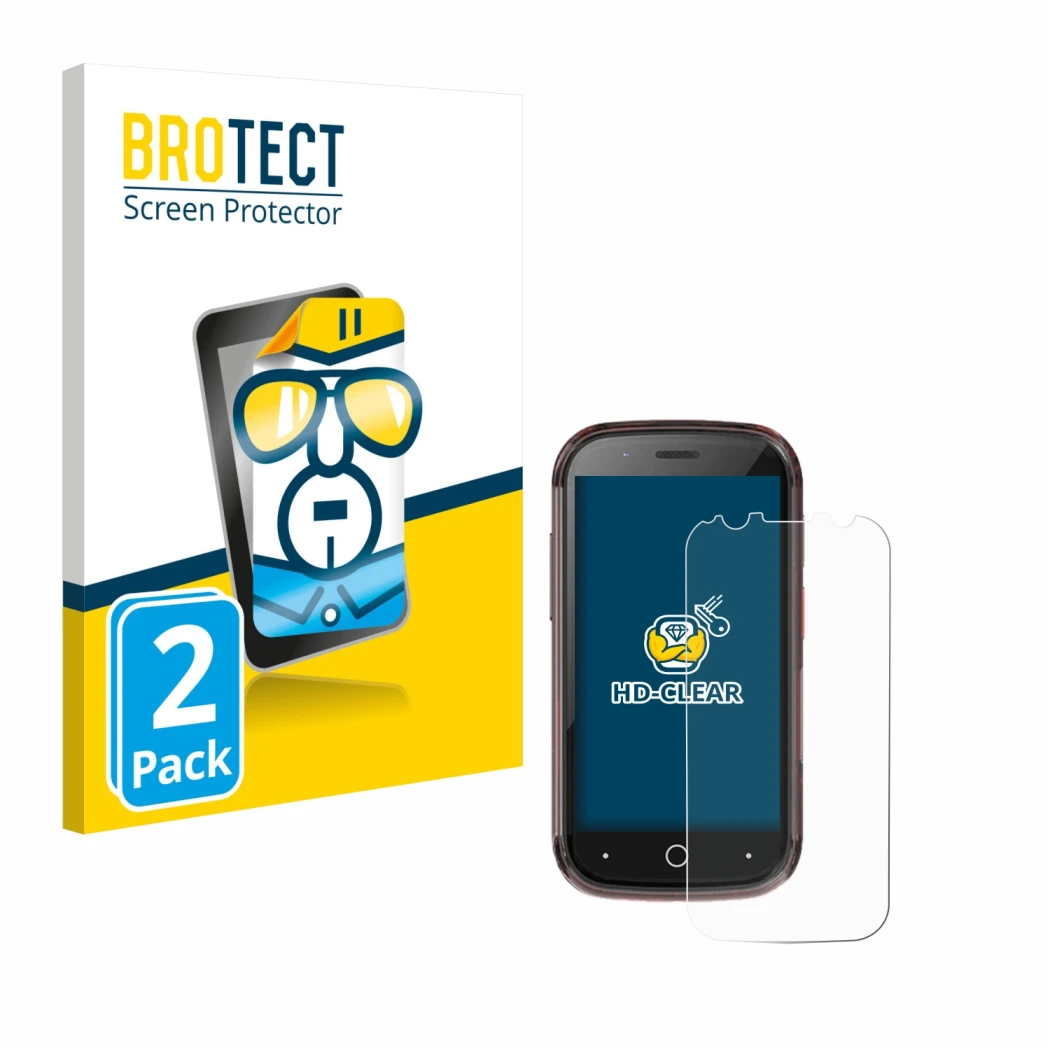 Parte frontal de un envase de producto con el logotipo de la marca BROTECT. Al lado se muestra el dispositivo Unihertz Jelly S