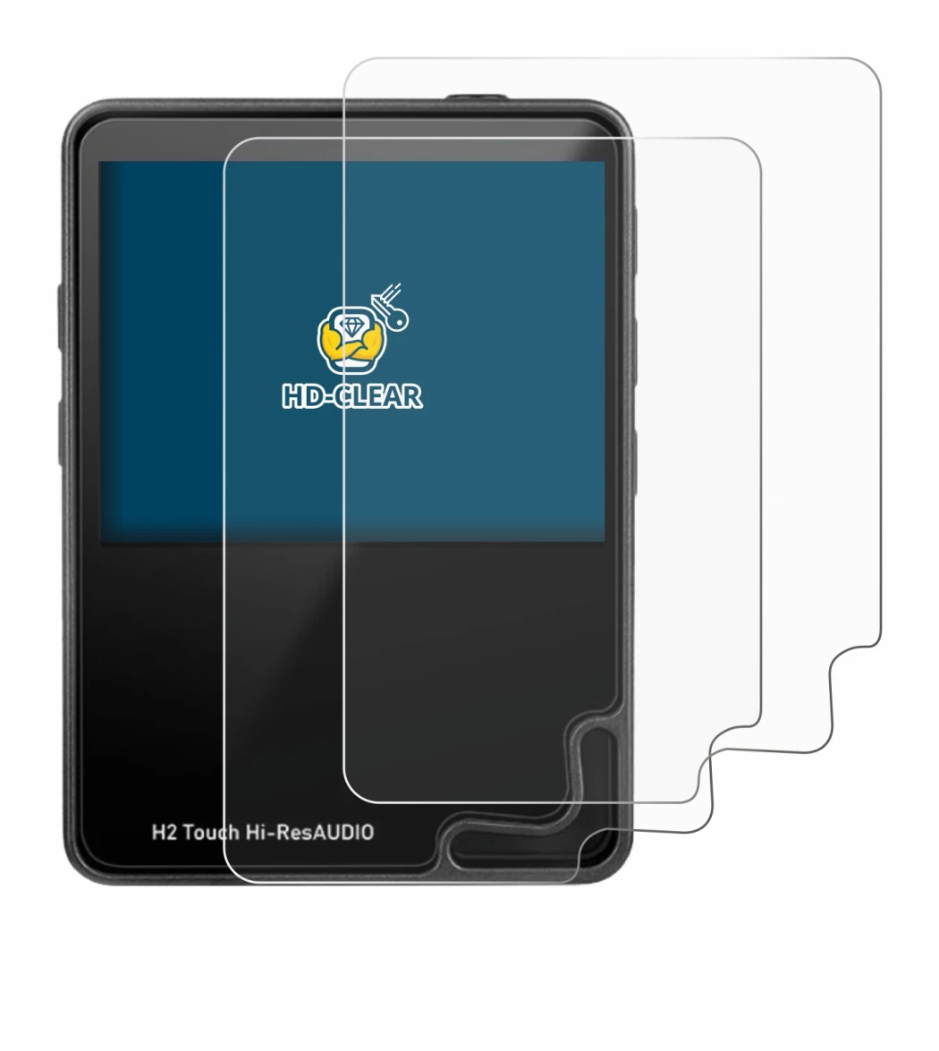 Imagen del dispositivo HifiWalker H2 touch con una amplia variedad de protectores de pantalla.
