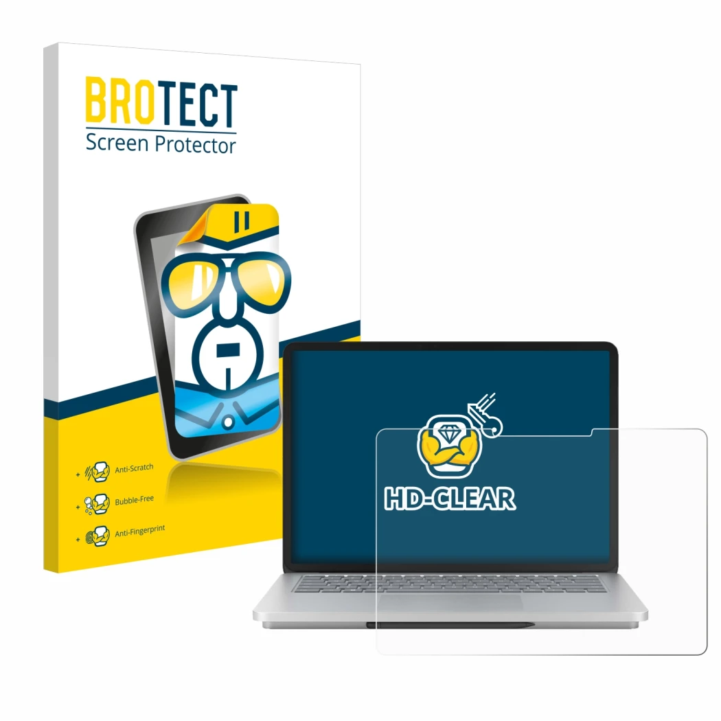 Parte frontal de un envase de producto con el logotipo de la marca BROTECT. Al lado se muestra el dispositivo Microsoft Surfac