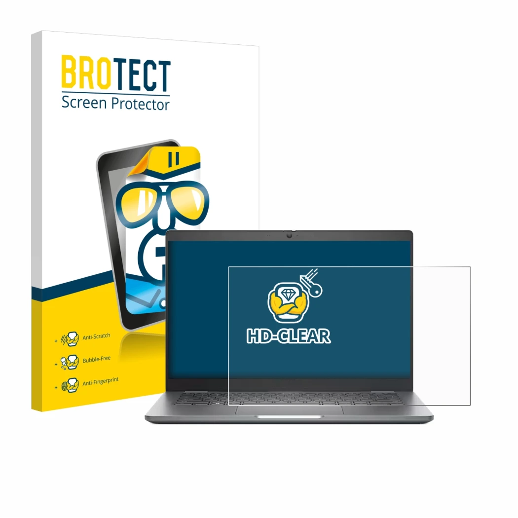 Parte frontal de un envase de producto con el logotipo de la marca BROTECT. Al lado se muestra el dispositivo Dell Latitude 53