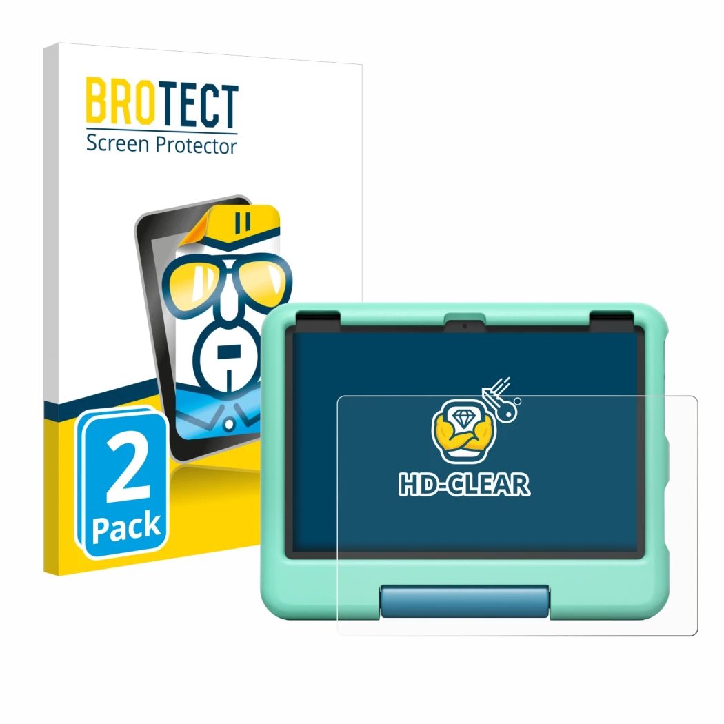 Parte frontal de un envase de producto con el logotipo de la marca BROTECT. Al lado se muestra el dispositivo Amazon Fire HD 1