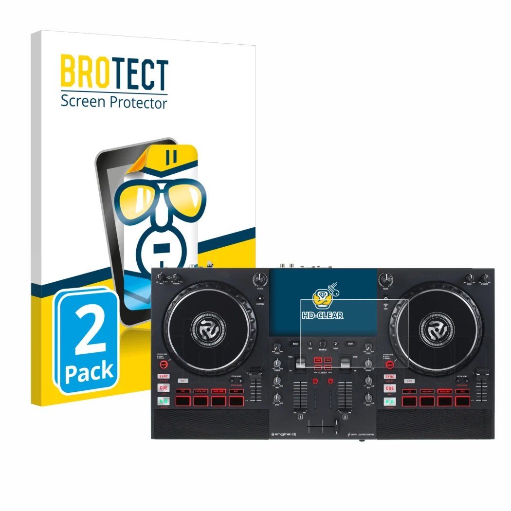 Parte frontal de un envase de producto con el logotipo de la marca BROTECT. Al lado se muestra el dispositivo Numark Mixstream