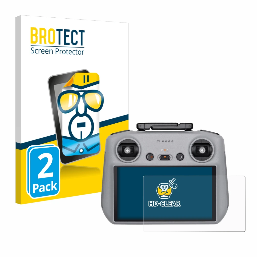 Parte frontal de un envase de producto con el logotipo de la marca BROTECT. Al lado se muestra el dispositivo DJI RC 2 con su