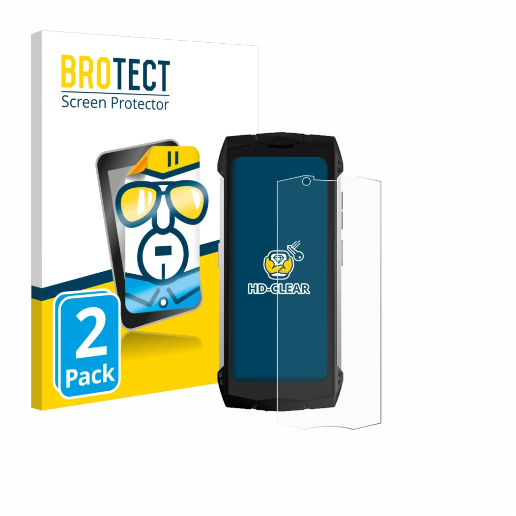 Parte frontal de un envase de producto con el logotipo de la marca BROTECT. Al lado se muestra el dispositivo Doogee S Mini co