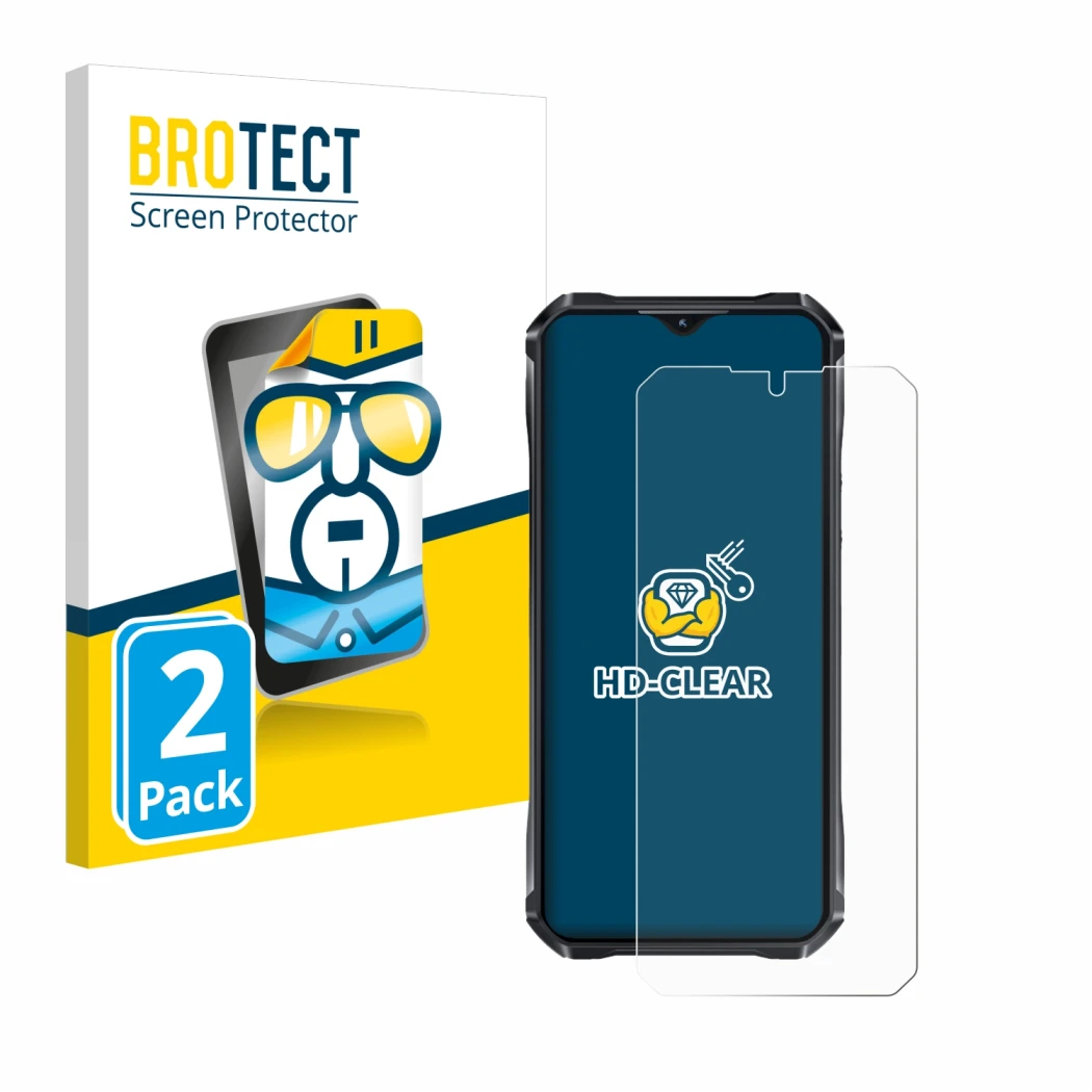 Parte frontal de un envase de producto con el logotipo de la marca BROTECT. Al lado se muestra el dispositivo Oukitel WP33 Pro