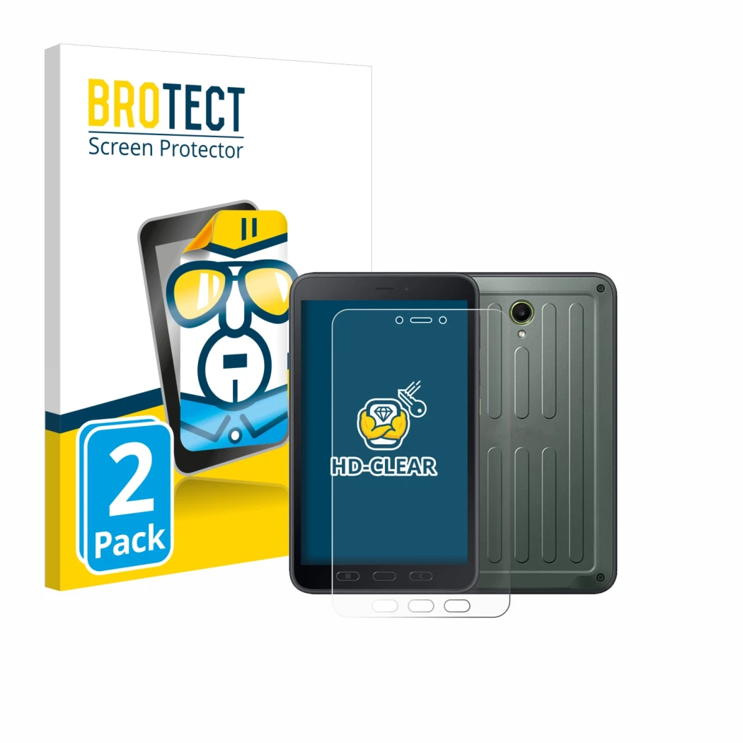 Parte frontal de un envase de producto con el logotipo de la marca BROTECT. Al lado se muestra el dispositivo Samsung Galaxy T