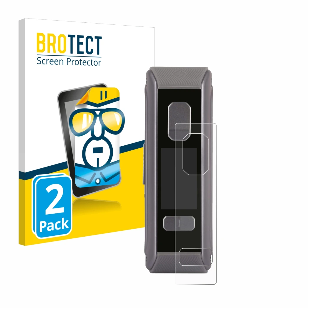 Parte frontal de un envase de producto con el logotipo de la marca BROTECT. Al lado se muestra el dispositivo GeekVape Aegis M