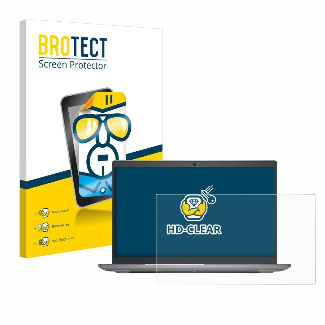 Parte frontal de un envase de producto con el logotipo de la marca BROTECT. Al lado se muestra el dispositivo Dell Latitude 55