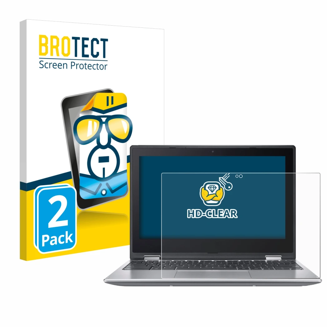 Parte frontal de un envase de producto con el logotipo de la marca BROTECT. Al lado se muestra el dispositivo Acer Chromebook 