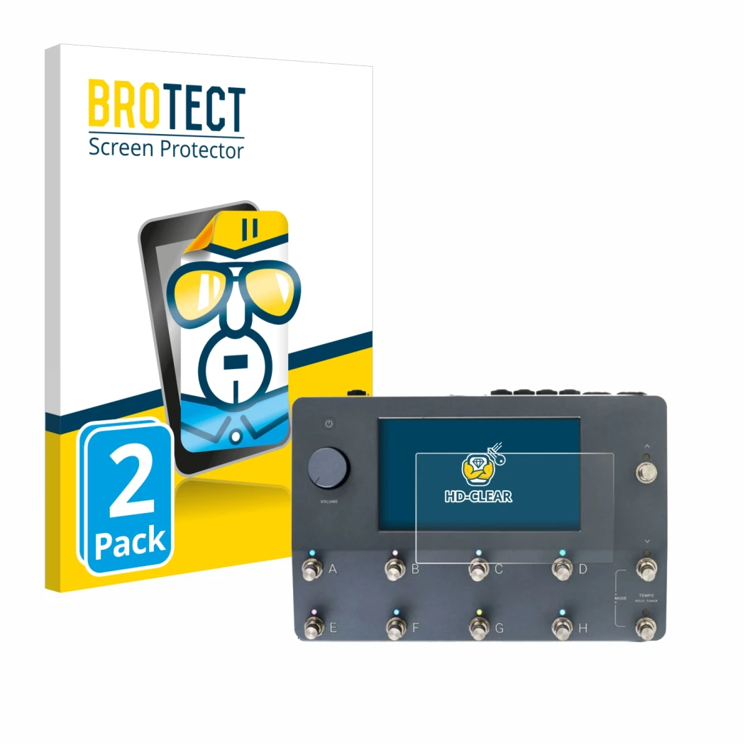 Parte frontal de un envase de producto con el logotipo de la marca BROTECT. Al lado se muestra el dispositivo Neural DSP Quad
