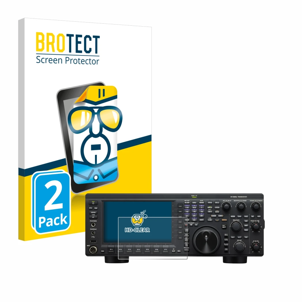 Parte frontal de un envase de producto con el logotipo de la marca BROTECT. Al lado se muestra el dispositivo Kenwood TS-890S 