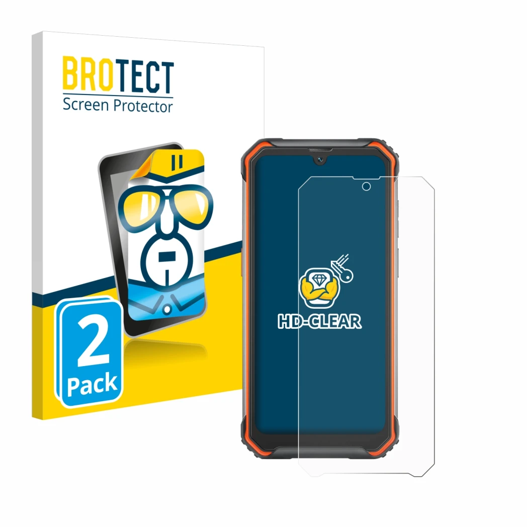 Parte frontal de un envase de producto con el logotipo de la marca BROTECT. Al lado se muestra el dispositivo Blackview BV7200