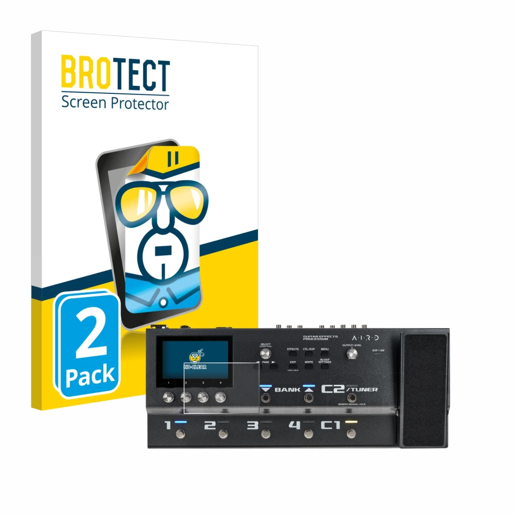 Parte frontal de un envase de producto con el logotipo de la marca BROTECT. Al lado se muestra el dispositivo Boss GX-100 con