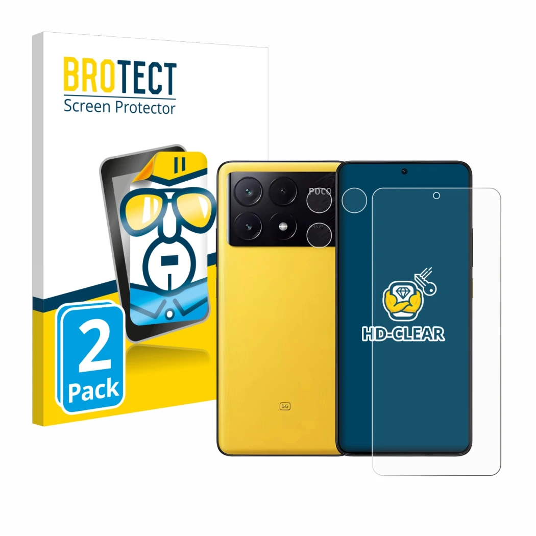 Parte frontal de un envase de producto con el logotipo de la marca BROTECT. Al lado se muestra el dispositivo Xiaomi Poco X6 P