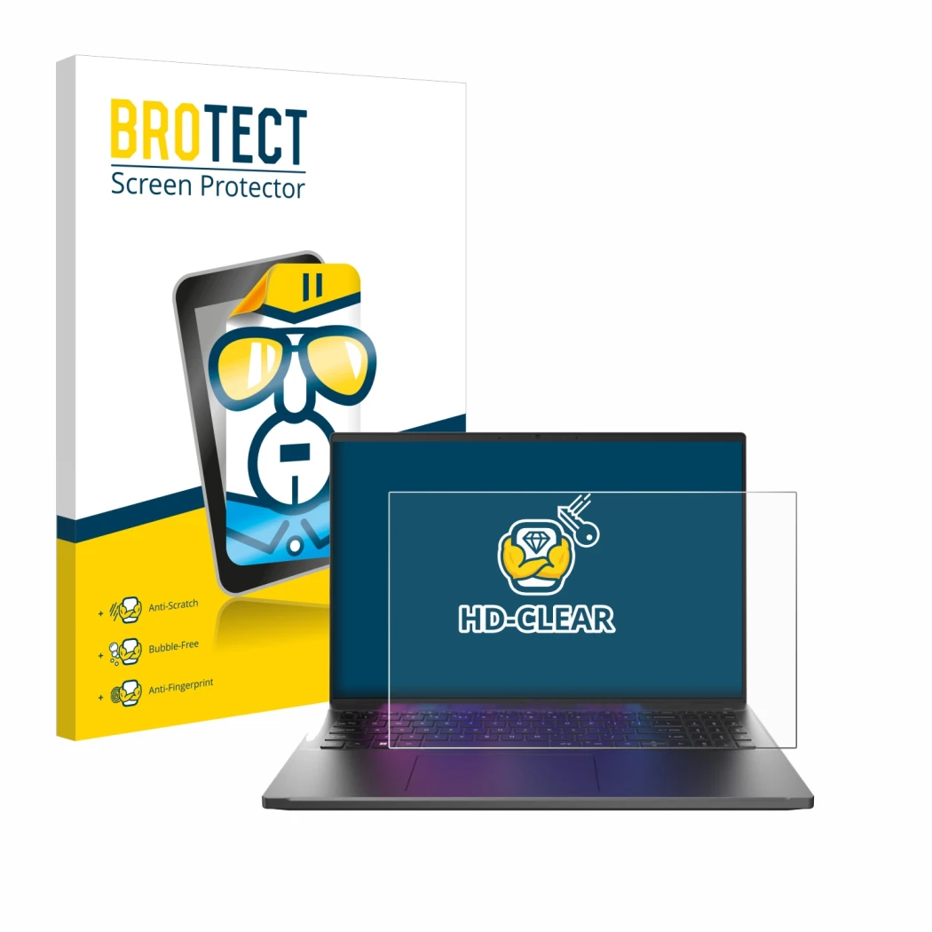 Parte frontal de un envase de producto con el logotipo de la marca BROTECT. Al lado se muestra el dispositivo Acer Swift Go 16