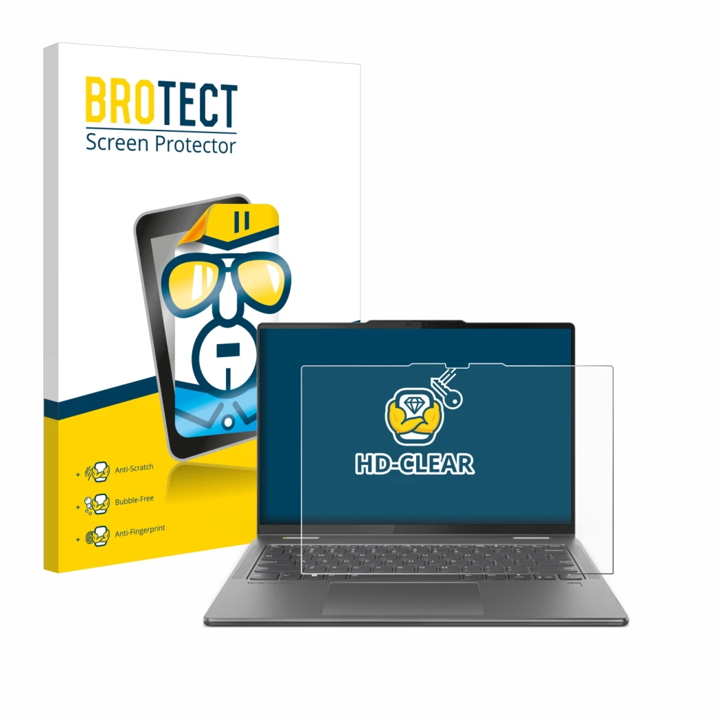 Parte frontal de un envase de producto con el logotipo de la marca BROTECT. Al lado se muestra el dispositivo Lenovo Yoga 7 2-