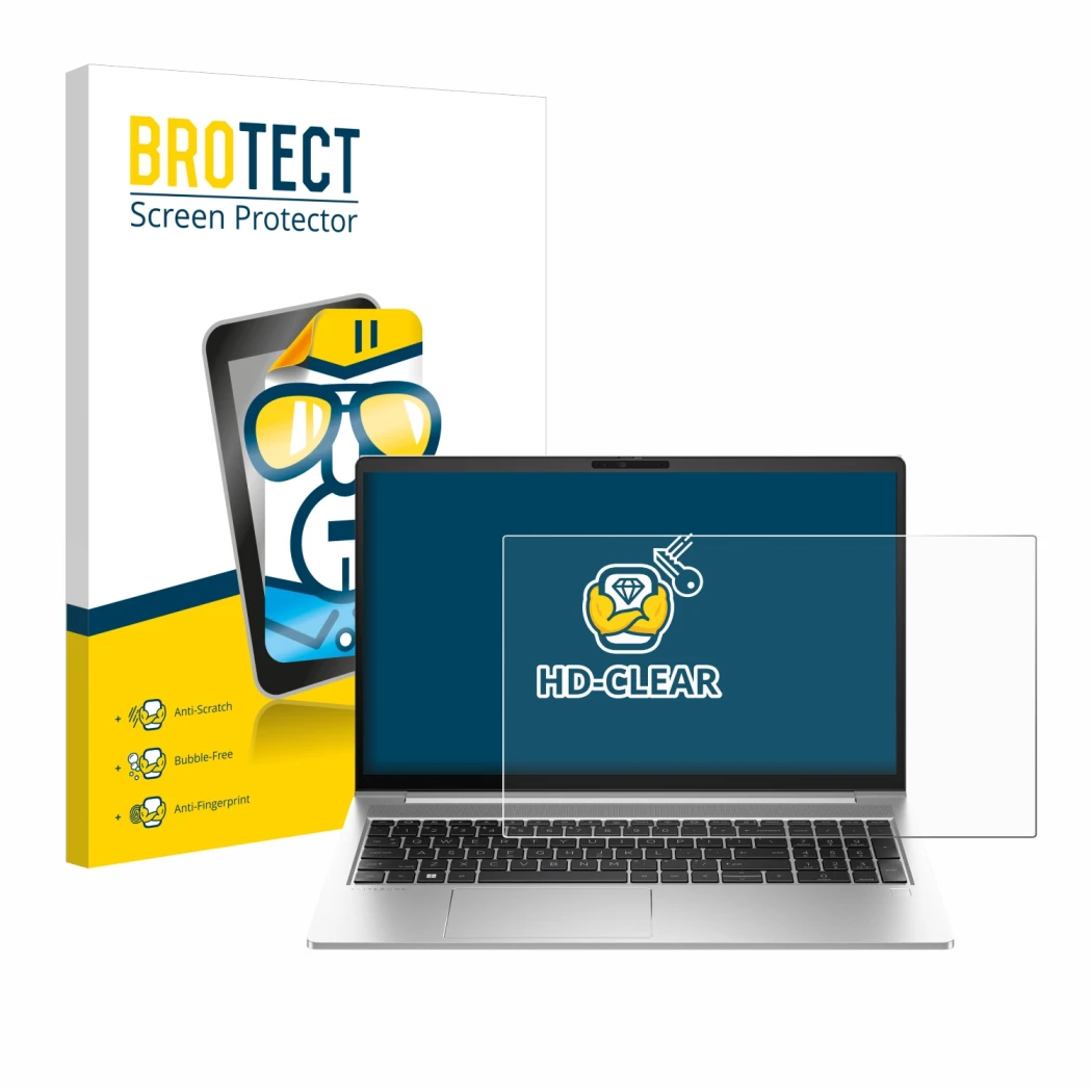 Parte frontal de un envase de producto con el logotipo de la marca BROTECT. Al lado se muestra el dispositivo HP EliteBook 640