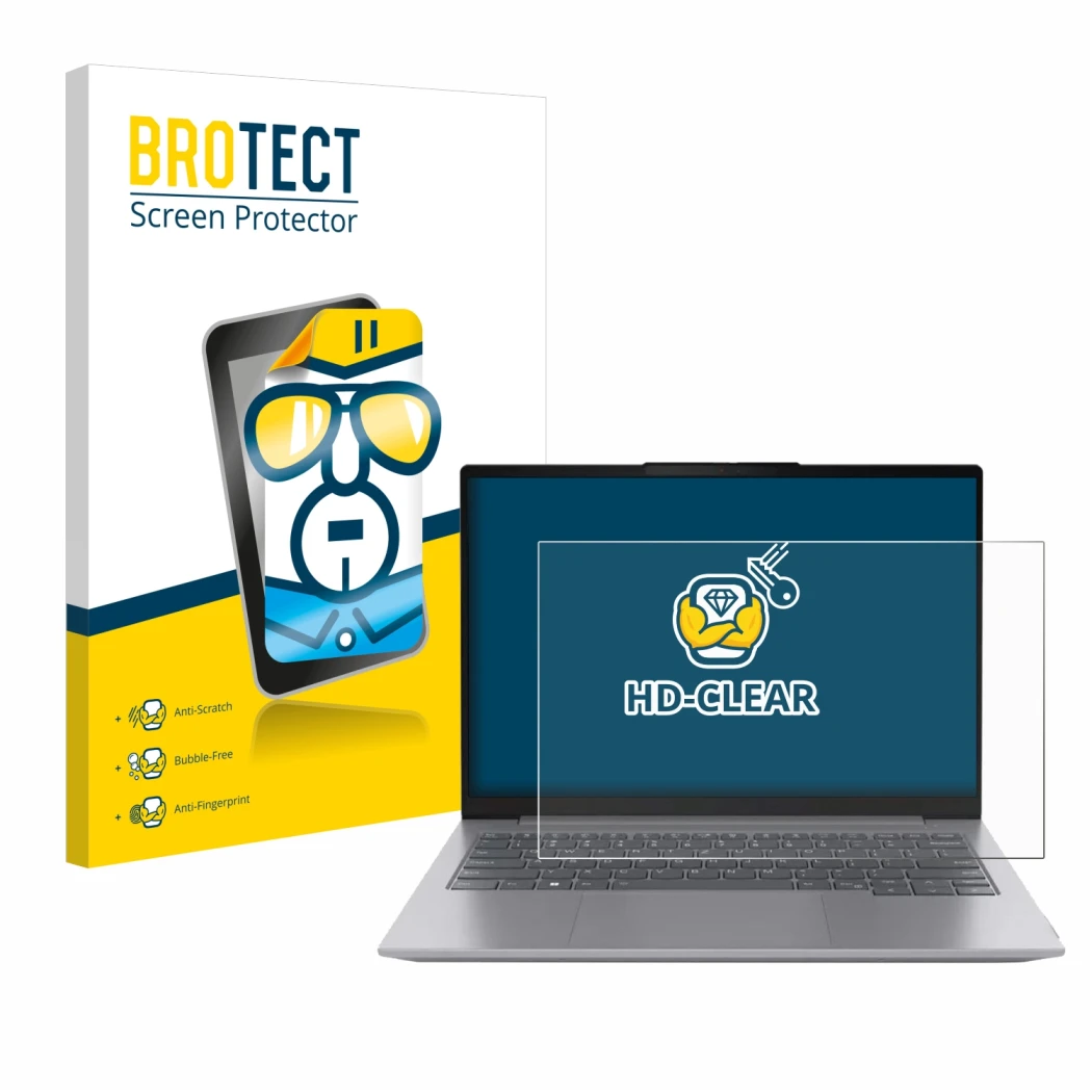 Parte frontal de un envase de producto con el logotipo de la marca BROTECT. Al lado se muestra el dispositivo Lenovo ThinkBook