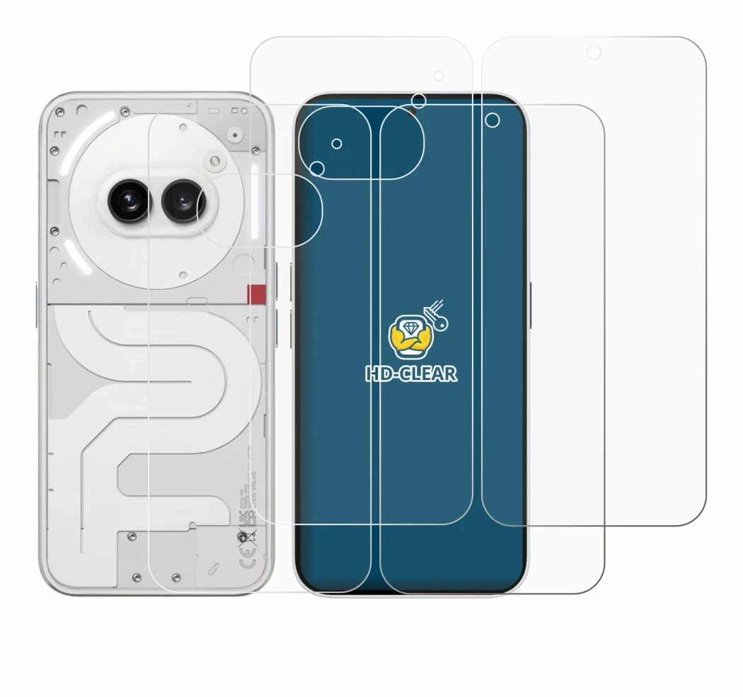 Imagen del dispositivo Nothing Phone (2a) (Frontal+Trasero) con una amplia variedad de protectores de pantalla.