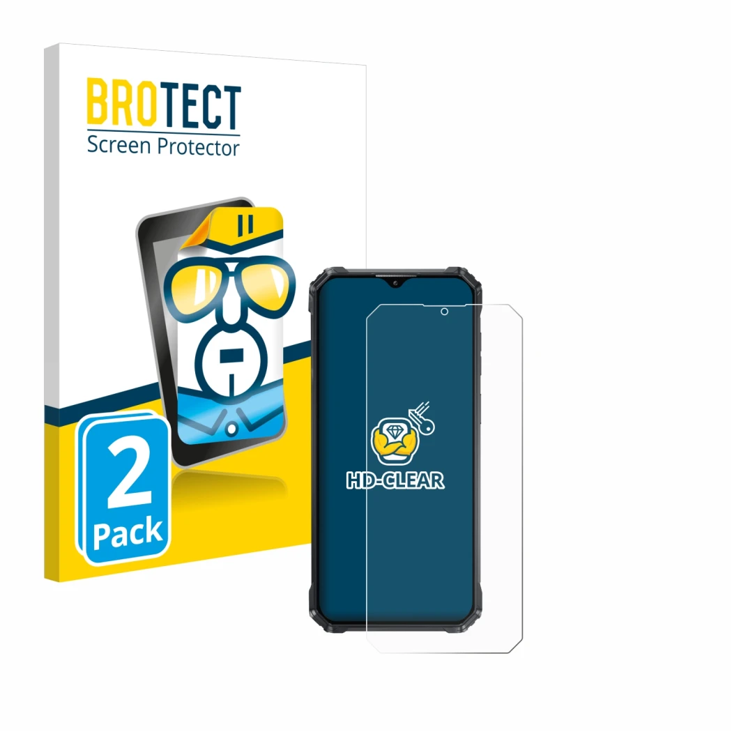 Parte frontal de un envase de producto con el logotipo de la marca BROTECT. Al lado se muestra el dispositivo Oukitel WP36 con