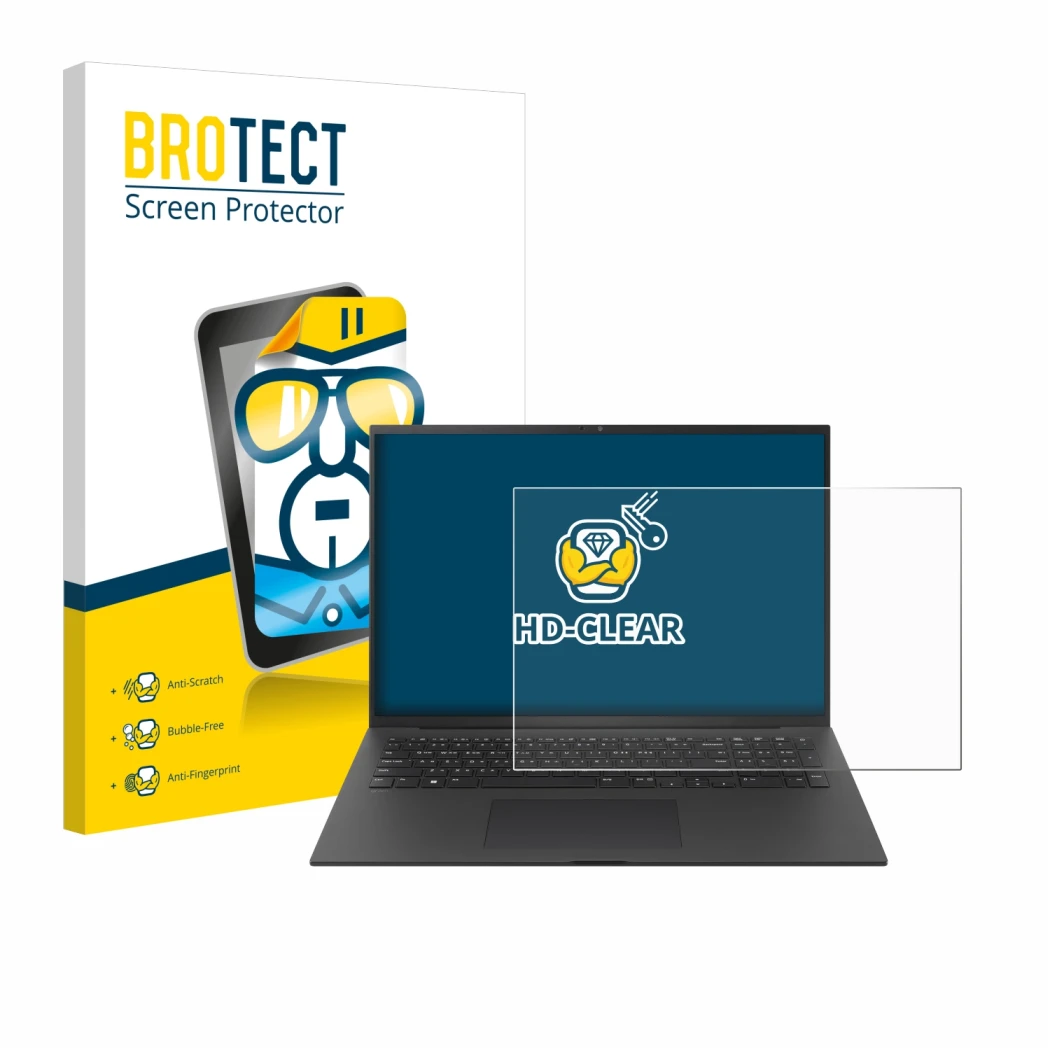 Parte frontal de un envase de producto con el logotipo de la marca BROTECT. Al lado se muestra el dispositivo LG gram Pro 17 2