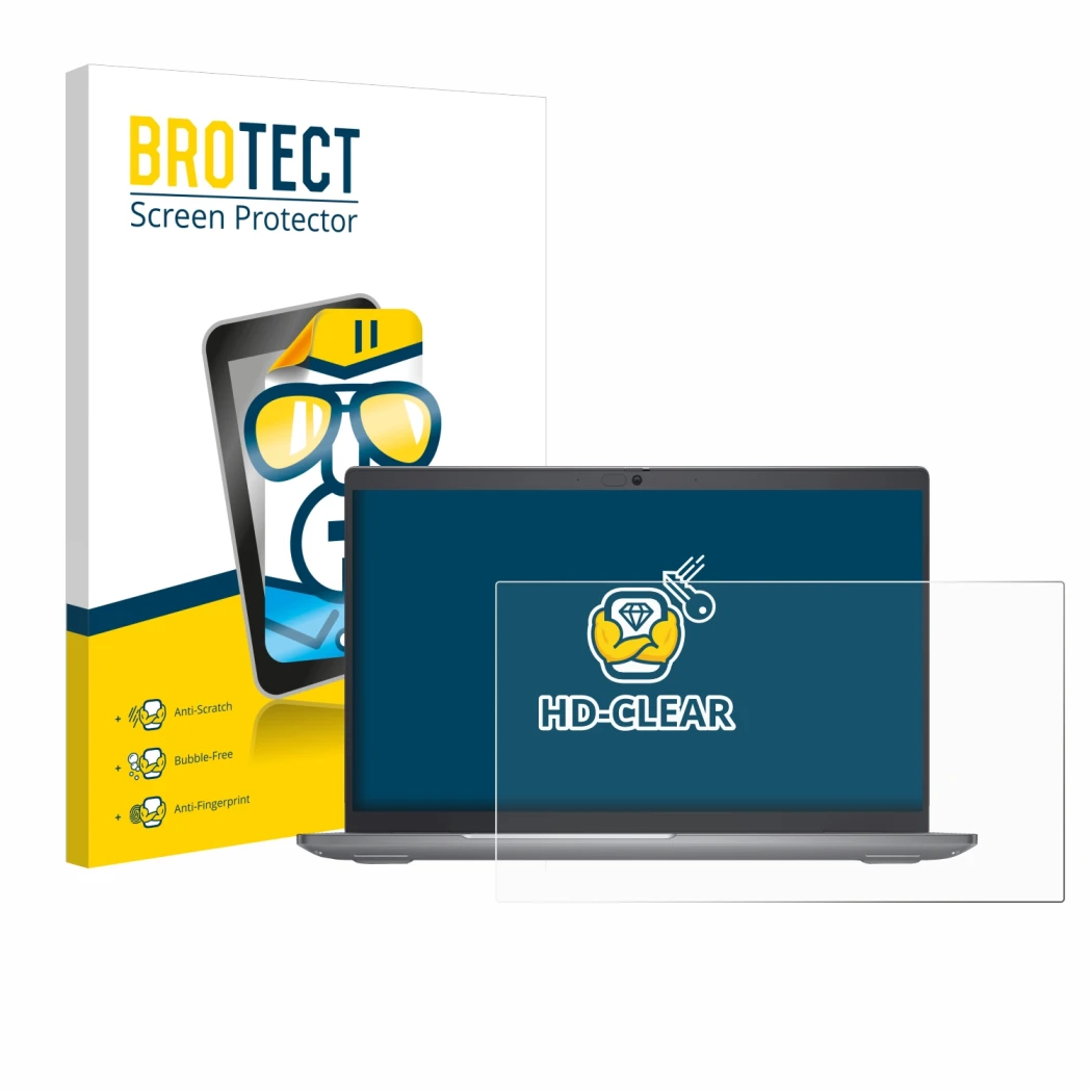 Parte frontal de un envase de producto con el logotipo de la marca BROTECT. Al lado se muestra el dispositivo Dell Latitude 55