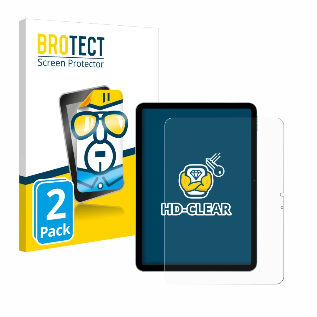 Parte frontal de un envase de producto con el logotipo de la marca BROTECT. Al lado se muestra el dispositivo Apple iPad Air 1