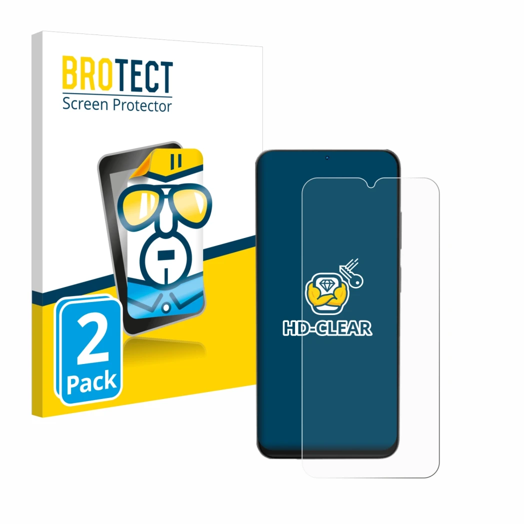 Parte frontal de un envase de producto con el logotipo de la marca BROTECT. Al lado se muestra el dispositivo Doogee N55 Pro c