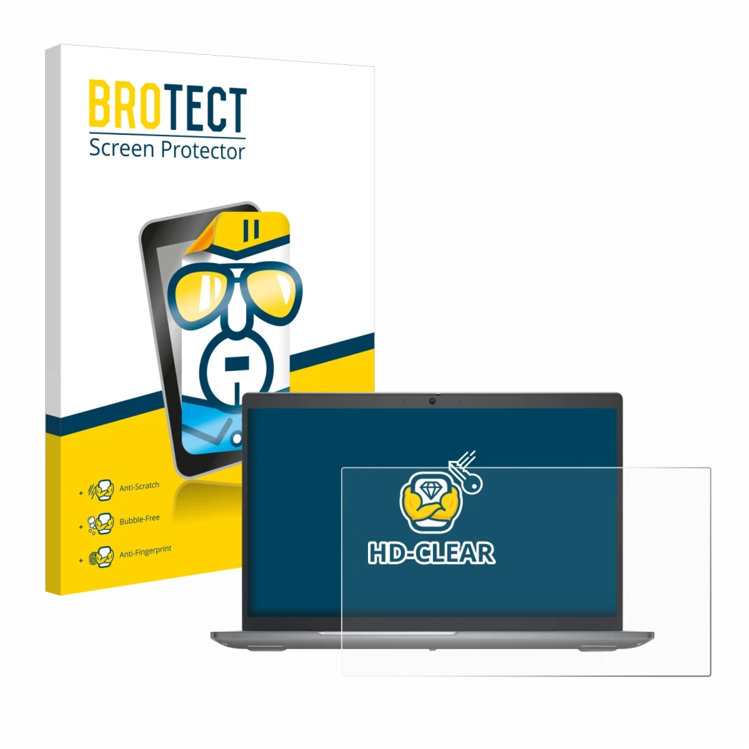 Parte frontal de un envase de producto con el logotipo de la marca BROTECT. Al lado se muestra el dispositivo Dell Precision 3