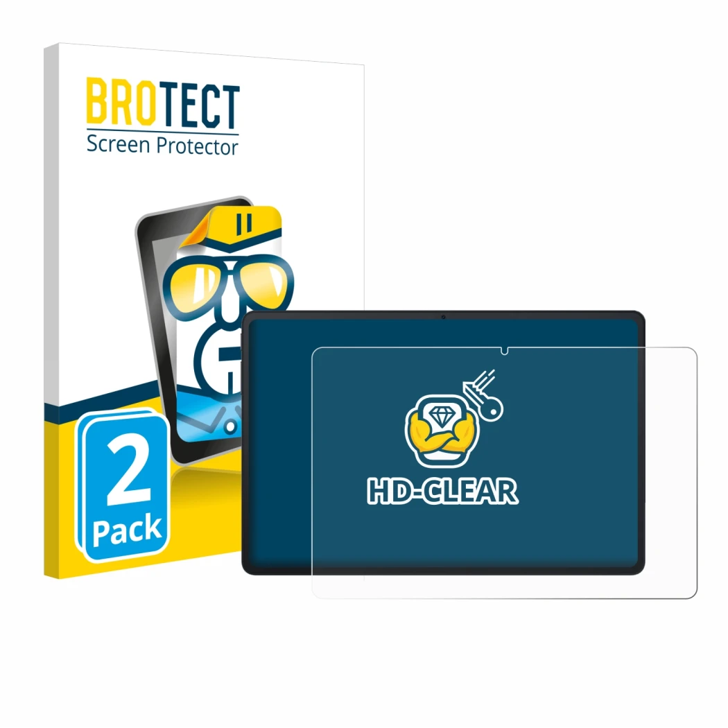 Parte frontal de un envase de producto con el logotipo de la marca BROTECT. Al lado se muestra el dispositivo Blackview Tab 90