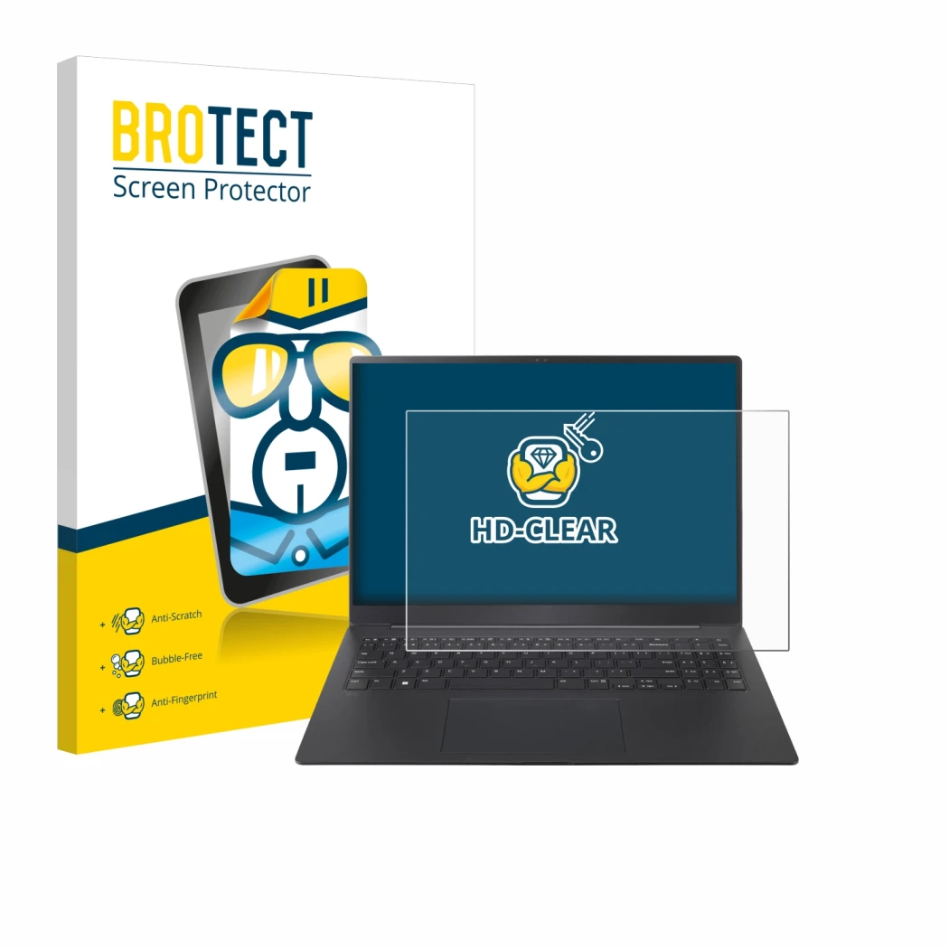 Parte frontal de un envase de producto con el logotipo de la marca BROTECT. Al lado se muestra el dispositivo LG gram Pro 16 2