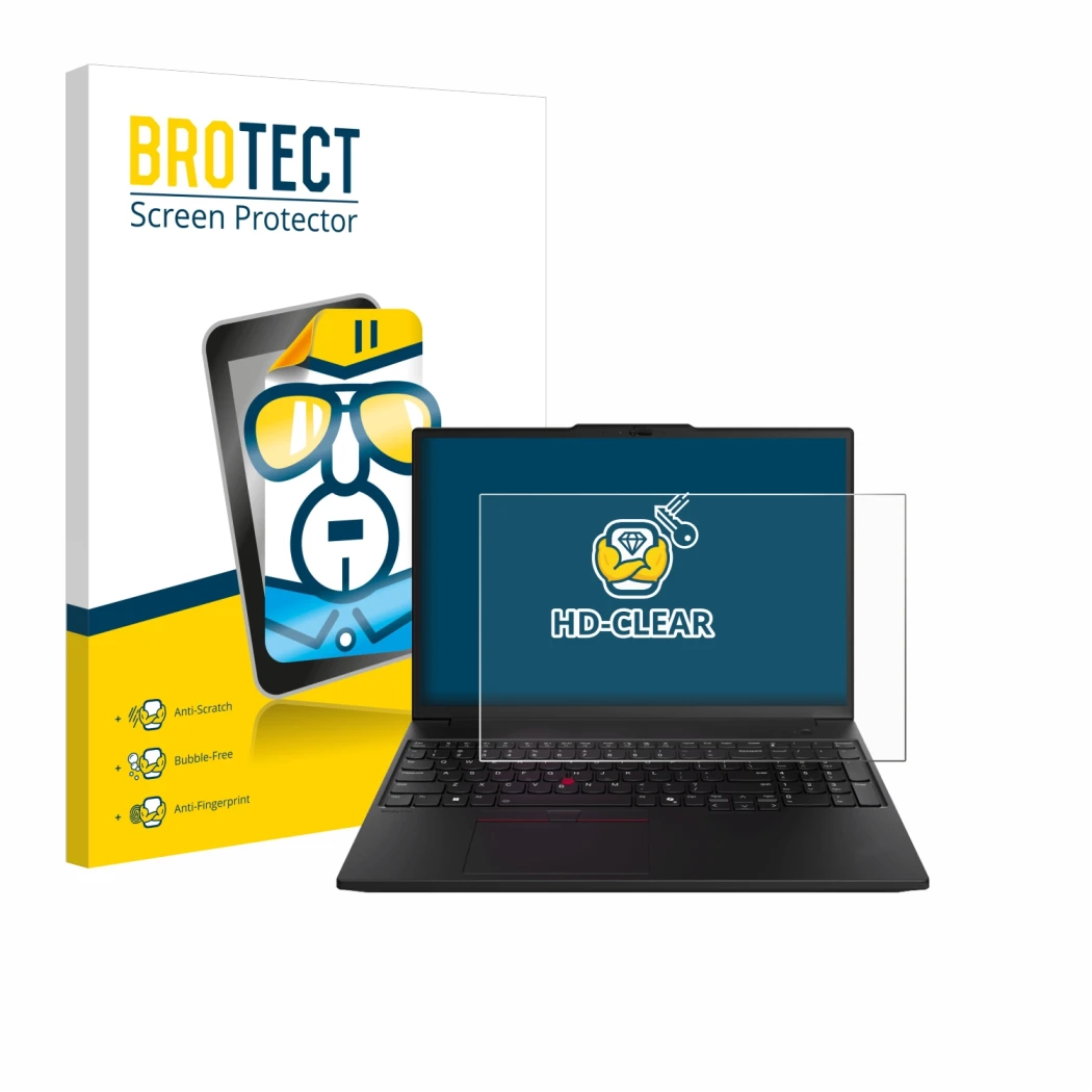 Parte frontal de un envase de producto con el logotipo de la marca BROTECT. Al lado se muestra el dispositivo Lenovo ThinkPad
