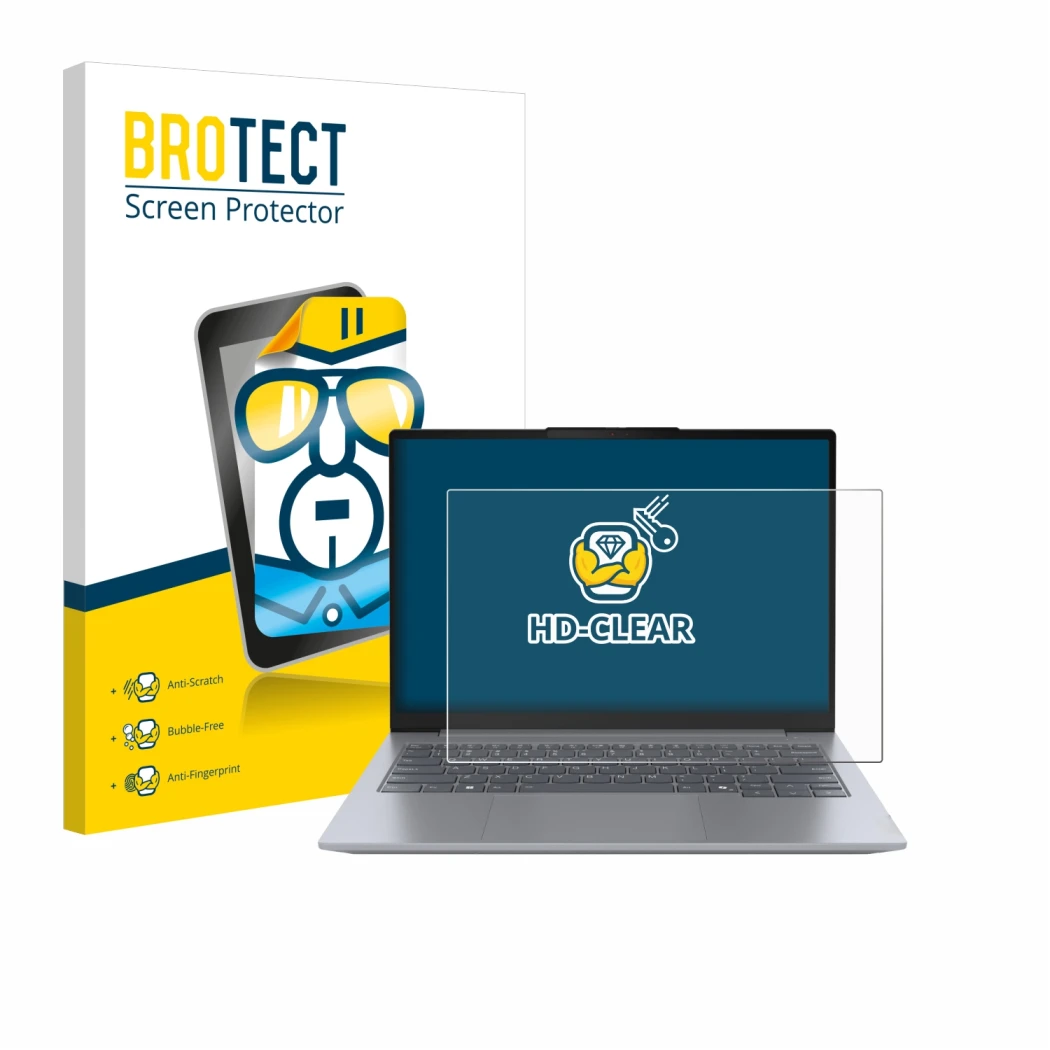 Parte frontal de un envase de producto con el logotipo de la marca BROTECT. Al lado se muestra el dispositivo Lenovo ThinkBook