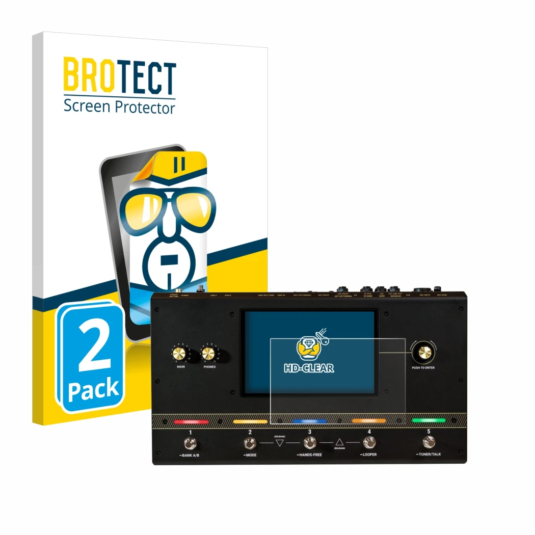 Parte frontal de un envase de producto con el logotipo de la marca BROTECT. Al lado se muestra el dispositivo Headrush Core co