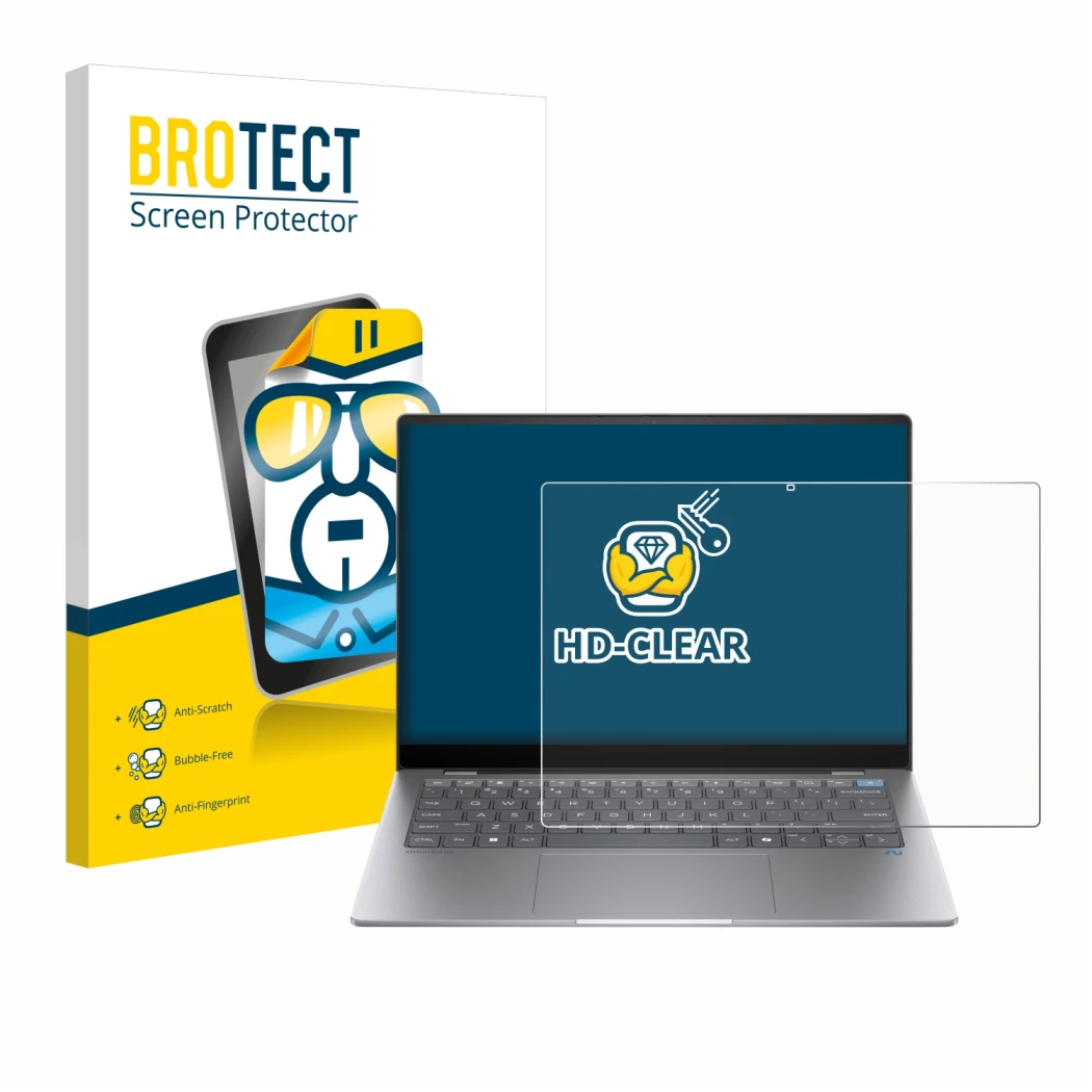 Parte frontal de un envase de producto con el logotipo de la marca BROTECT. Al lado se muestra el dispositivo HP OmniBook X AI