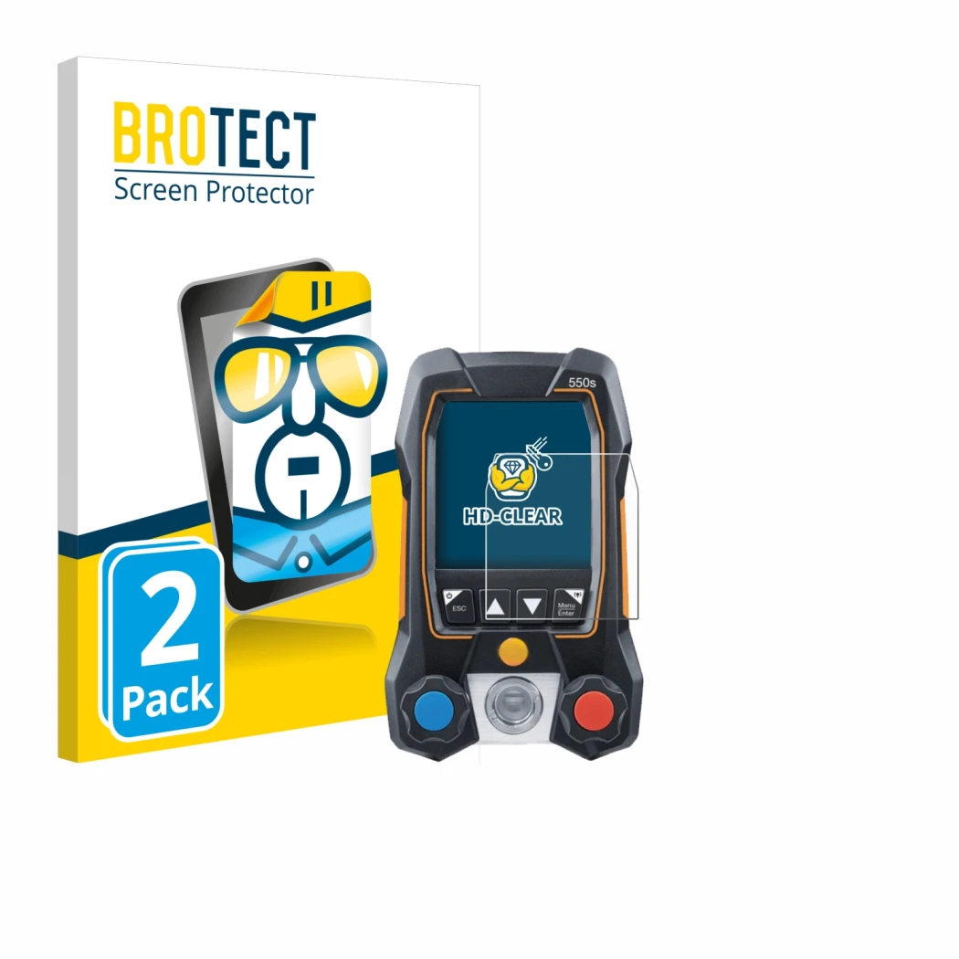 Parte frontal de un envase de producto con el logotipo de la marca BROTECT. Al lado se muestra el dispositivo Testo 550s con s