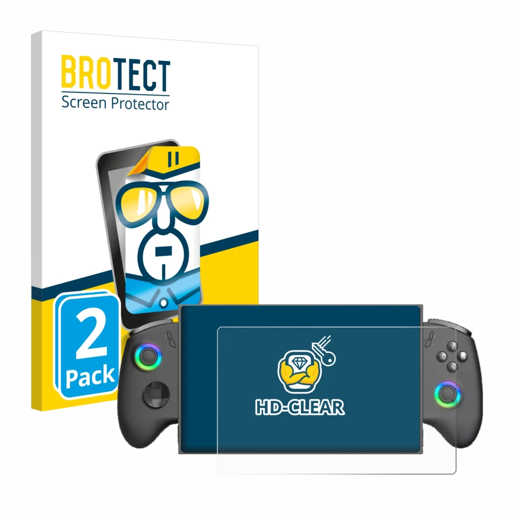Parte frontal de un envase de producto con el logotipo de la marca BROTECT. Al lado se muestra el dispositivo OneXPlayer X1 Mi