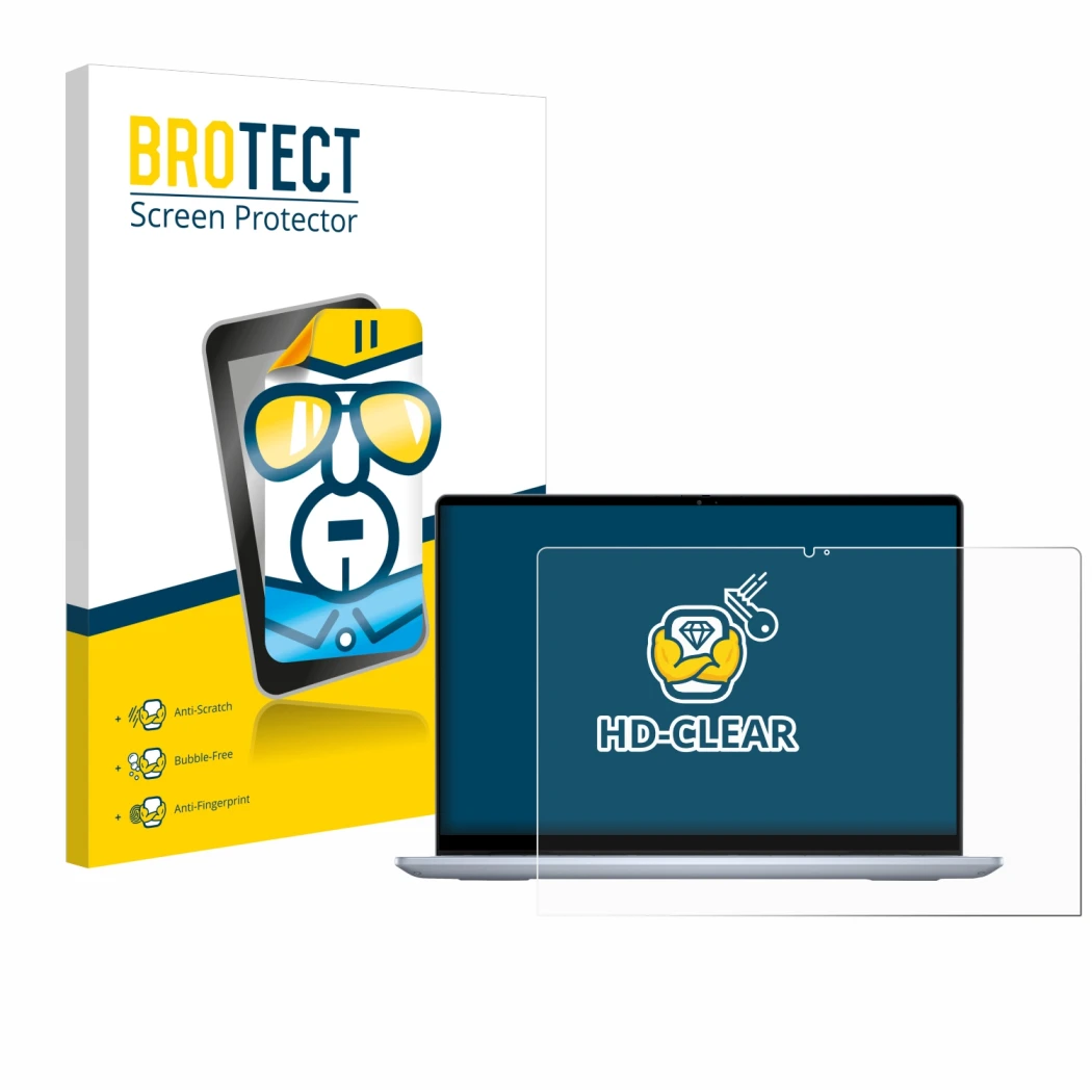 Parte frontal de un envase de producto con el logotipo de la marca BROTECT. Al lado se muestra el dispositivo Dell Inspiron 14