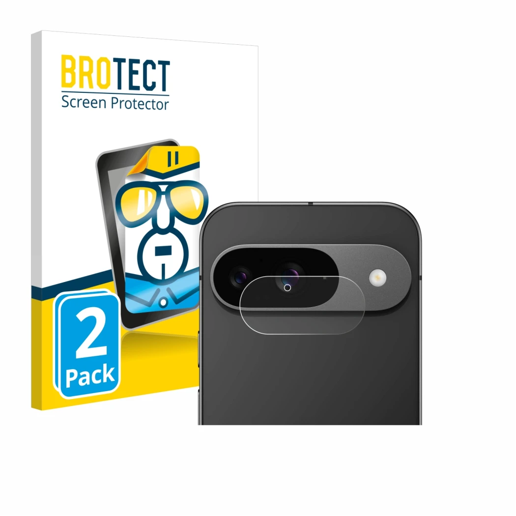 Parte frontal de un envase de producto con el logotipo de la marca BROTECT. Al lado se muestra el dispositivo Google Pixel 9 (