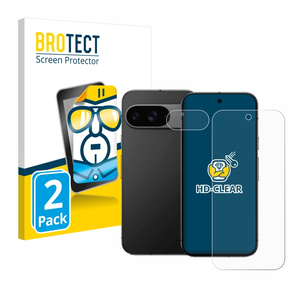 Parte frontal de un envase de producto con el logotipo de la marca BROTECT. Al lado se muestra el dispositivo Google Pixel 9 (