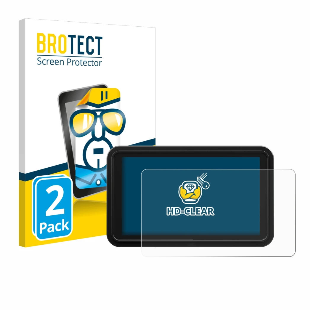 Parte frontal de un envase de producto con el logotipo de la marca BROTECT. Al lado se muestra el dispositivo Atomos Shinobi 2