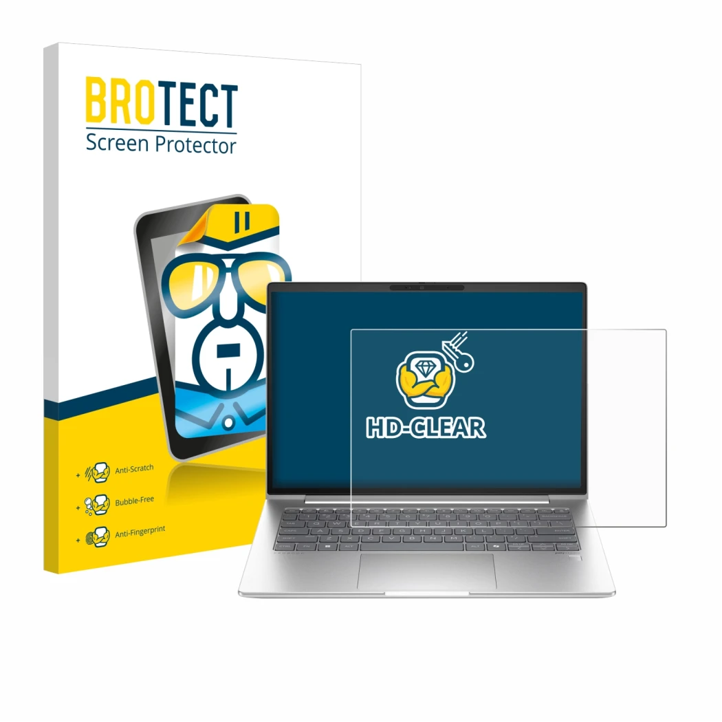 Parte frontal de un envase de producto con el logotipo de la marca BROTECT. Al lado se muestra el dispositivo HP ProBook 440 G
