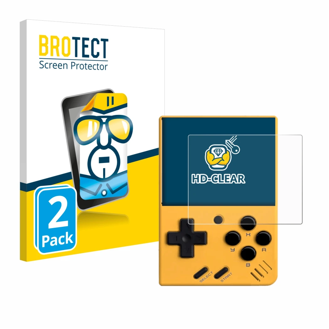 Parte frontal de un envase de producto con el logotipo de la marca BROTECT. Al lado se muestra el dispositivo Miyoo Mini V4 co