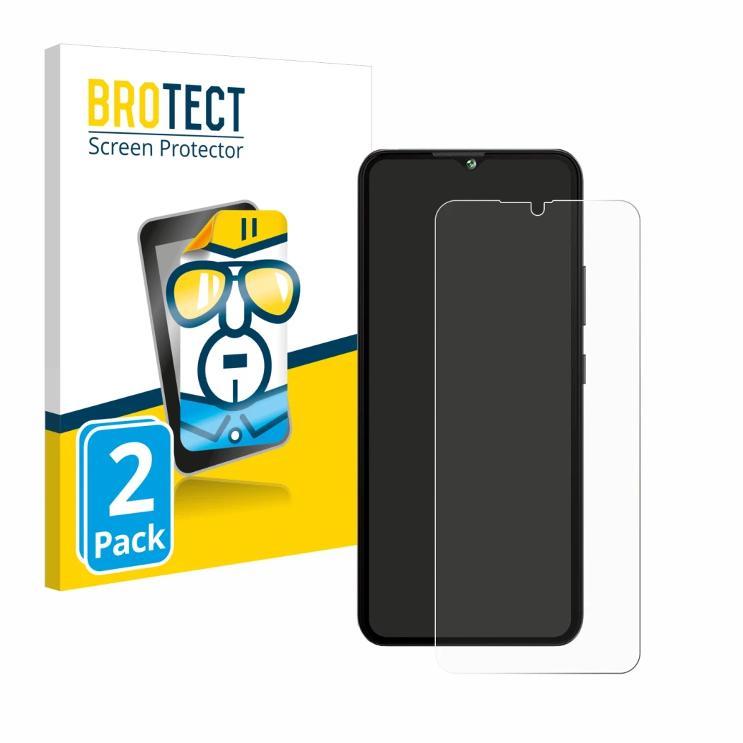 Parte frontal de un envase de producto con el logotipo de la marca BROTECT. Al lado se muestra el dispositivo Cubot A10 con su