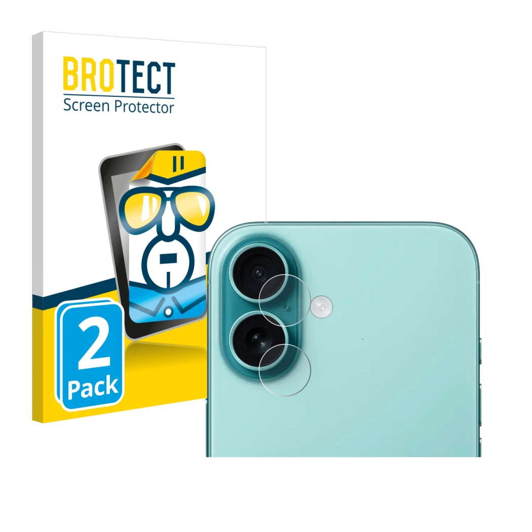 Parte frontal de un envase de producto con el logotipo de la marca BROTECT. Al lado se muestra el dispositivo Apple iPhone 16 