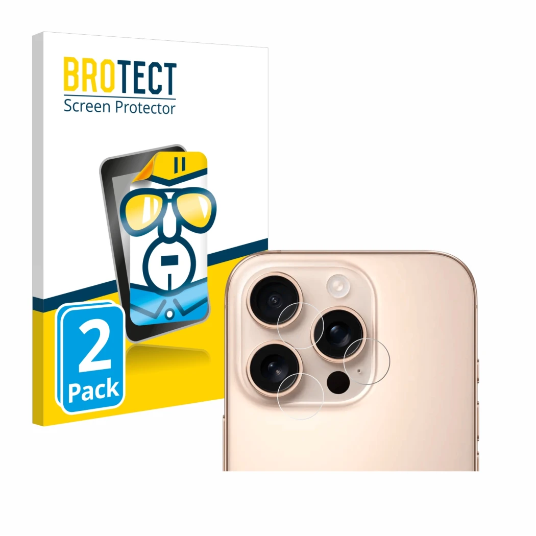 Parte frontal de un envase de producto con el logotipo de la marca BROTECT. Al lado se muestra el dispositivo Apple iPhone 16 